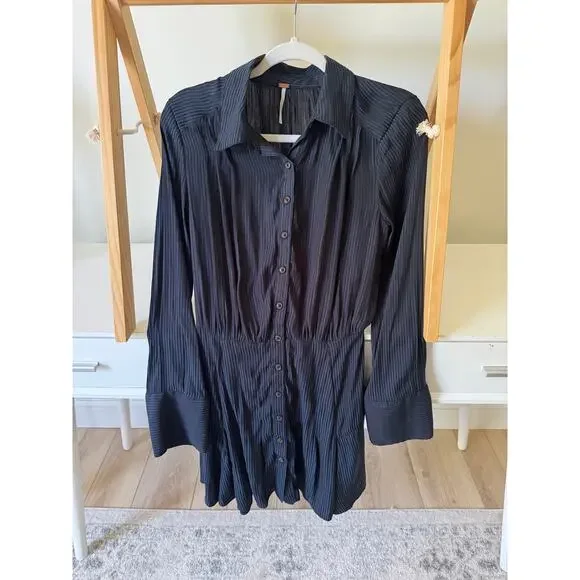 Free People Everly Shirtdress – Pinstripe Silk-Blend, Flounced Hem, Size S - Picture 4 of 5